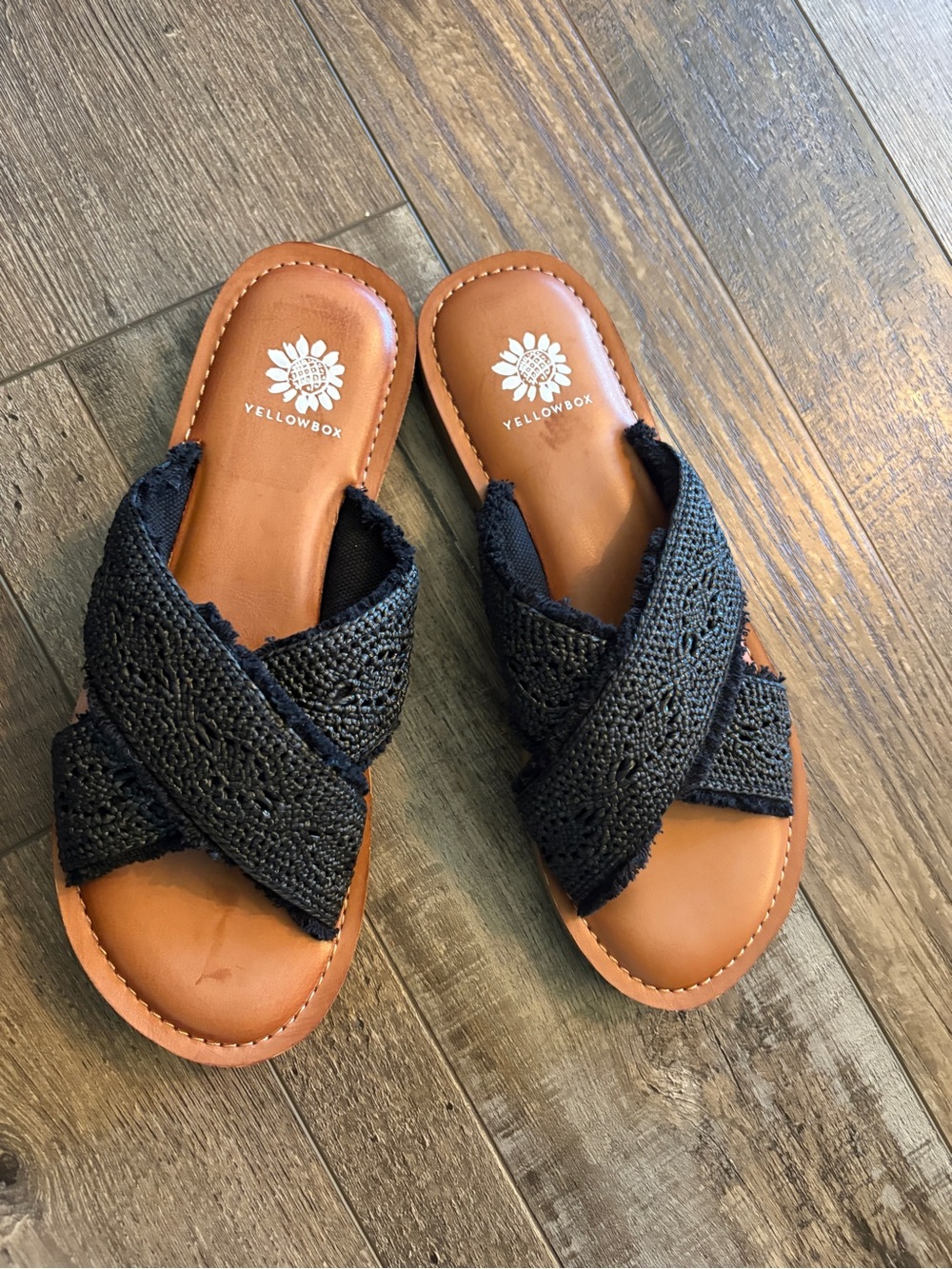 Yellow Box Black Woven Crossover Slide Sandals